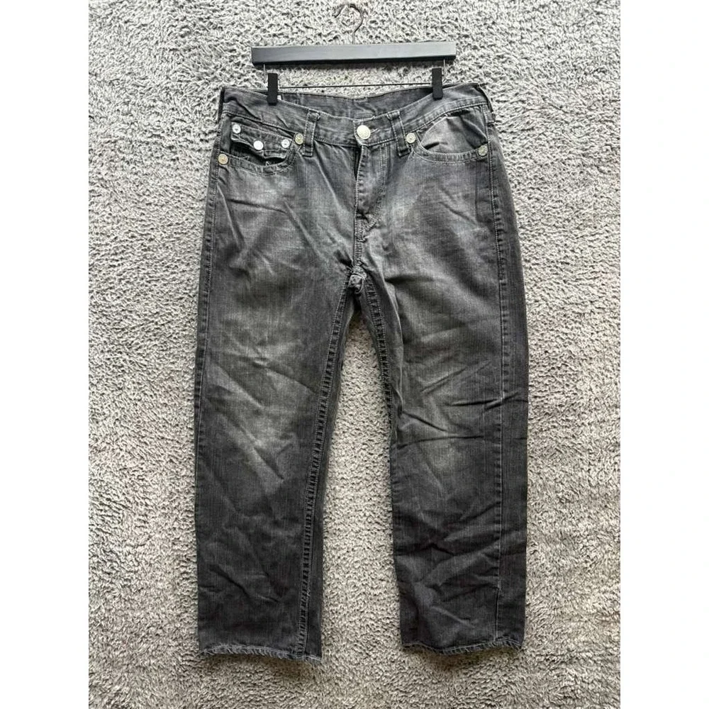 True Religion Ricky Relaxed Straight Distressed Denim Jeans Black Mens Size 38